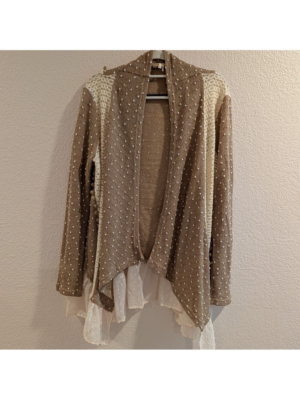 RYU Anthropology Beige White Pom Pom Embroidery Open Front Medium
